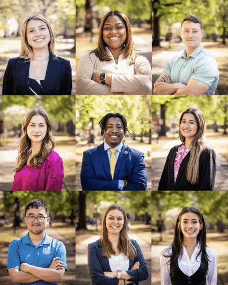 A collage of nine professional portraits arranged in a 3x3 grid. Each person is standing outdoors in a park setting characterized by green trees and pathways. The individuals, both men and women, are dressed in business attire, with varied expressions ranging from smiles to serious looks; notable features include a woman in a light top and suit, and a man wearing a yellow tie. The background is softly blurred, emphasizing their faces.